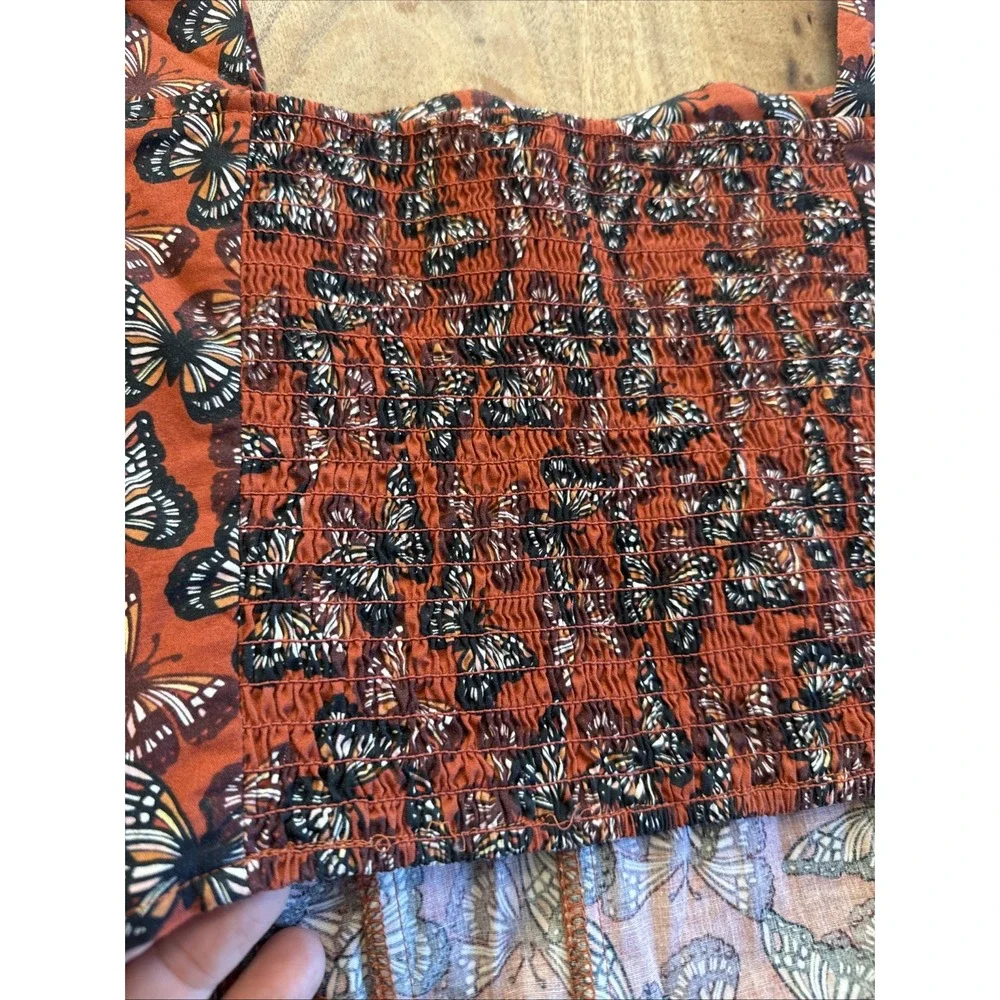 O.L.M. Butterfly Crop Top Sz MSmocked Y2K Corset Boho Orange/Rust Festival Fairy
